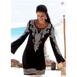 Lascana Kaleidescope Dress Womens Sz 12 Black Paisley Boho Bell Sleeve L…